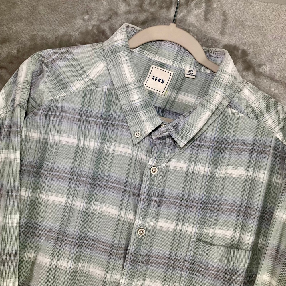 ROWM Mens 3XB Plaid Button Down Shirt Sage Green  CorduroyLong Sleeve Big Tall